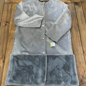 Zara Jacket Womens Medium Gray Faux Suede Contrasting Faux Fur Longline Snap Up
